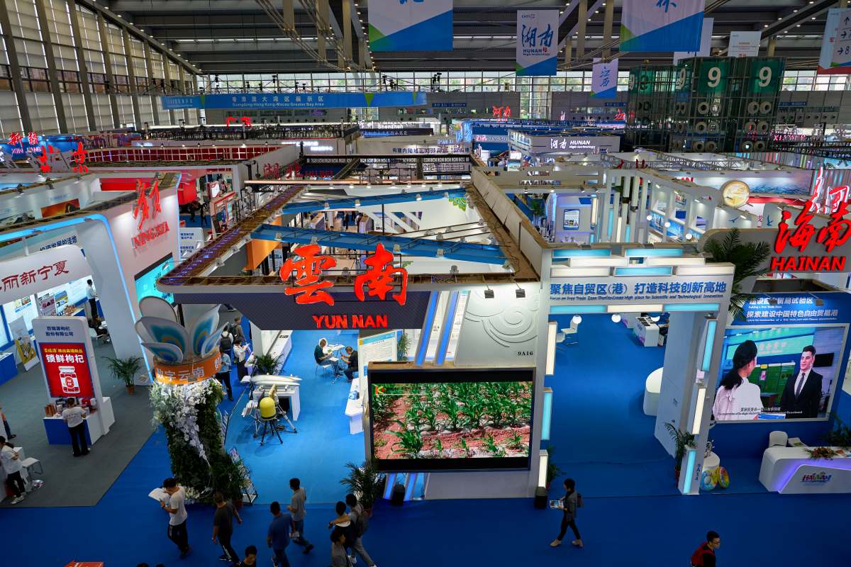 aerial view of exhibits at trade show