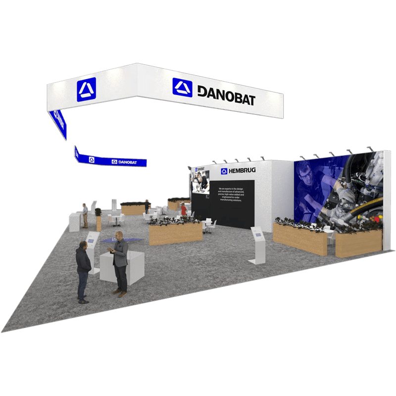 3D rendering of the Danobat 80x50 booth, with people gathered around it in Orlando, FL