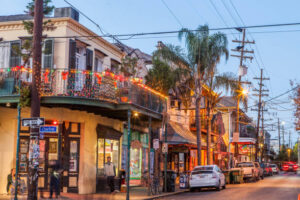 Wrought iron balconies along Frenchman Street in New Orleans.