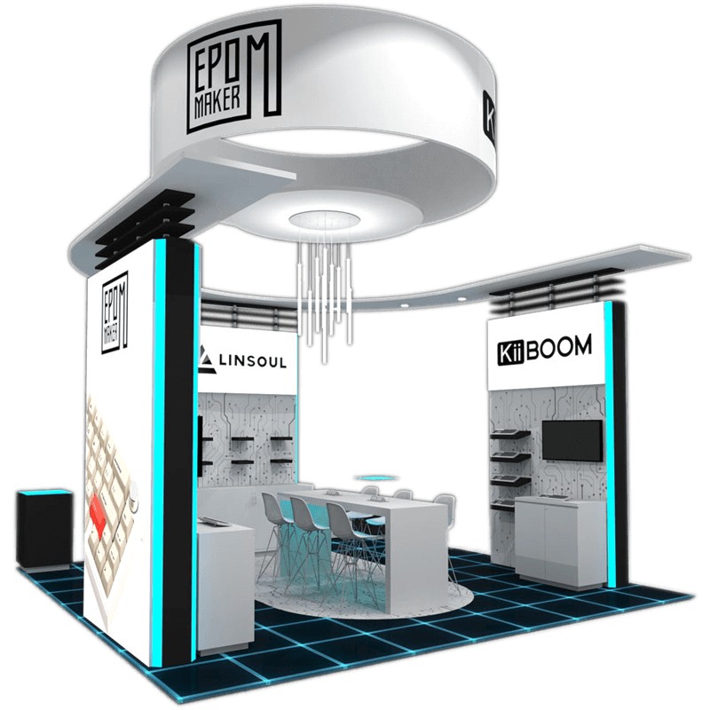 White and blue 20x20 Epomaker booth with a black background, showcased in Orlando, FL